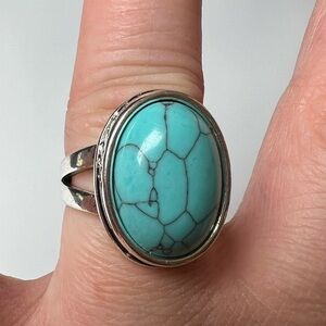 Turquoise Simulant Silver Tone Ring, Size 8